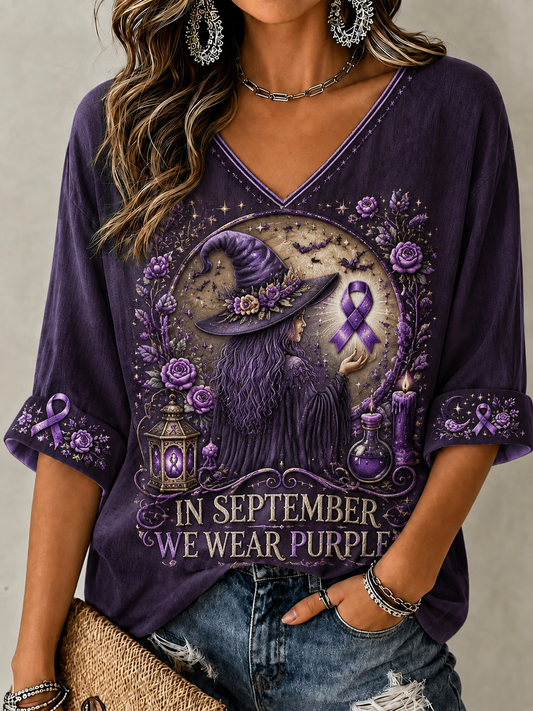 Women's In September We Wear Purple Mid-length Sleeves V-Neck T-Shirt