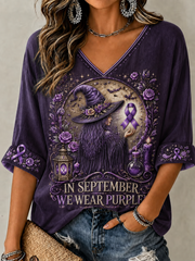 Women's In September We Wear Purple Mid-length Sleeves V-Neck T-Shirt