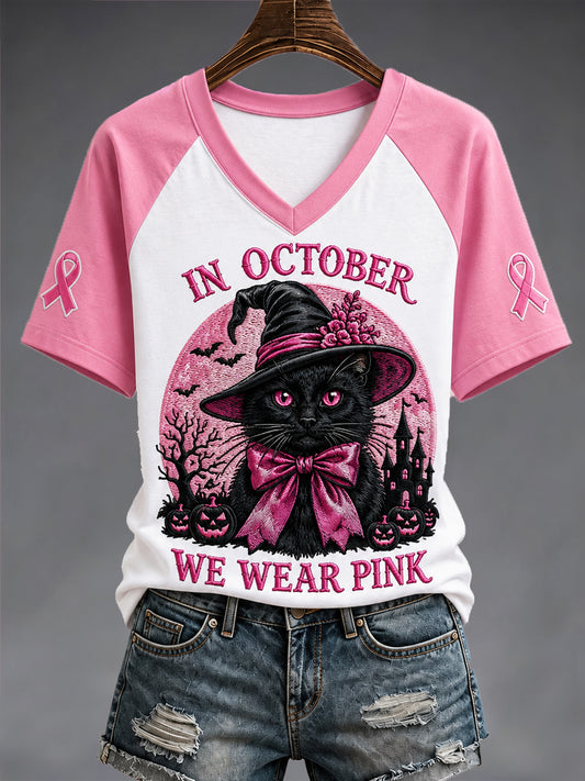 Women's In October We Wear Pink Halloween Black Cat Print Breast Cancer Awareness Support V-Neck Tee