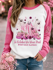 Women's In October We Wear Pink Halloween Pink Ghost Print Breast Cancer Awareness Support Sweatshirt