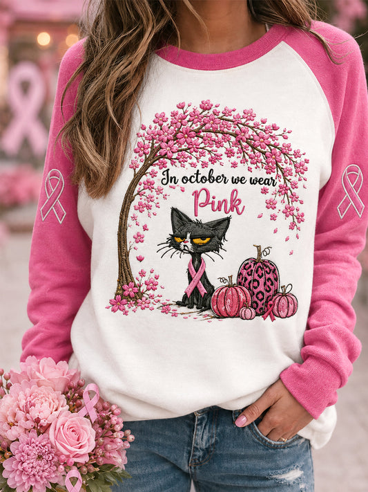 Women's In October We Wear Pink Cat Print Breast Cancer Awareness Support Sweatshirt