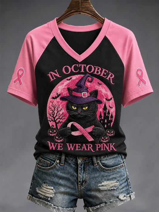 Women's In October We Wear Pink Halloween Black Cat Print Breast Cancer Awareness Support V-Neck Tee