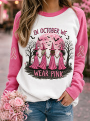 Women's In October We Wear Pink Halloween Pink Witches Print Breast Cancer Awareness Support Sweatshirt