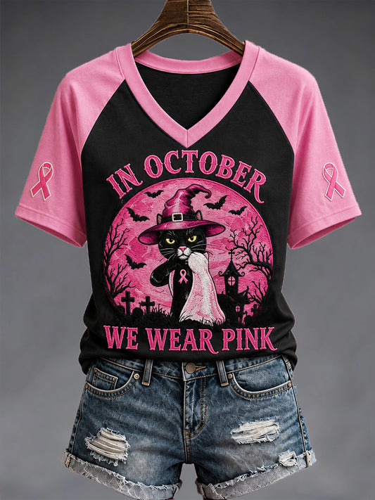Women's In October We Wear Pink Halloween Black Cat Print Breast Cancer Awareness Support V-Neck Tee