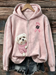 Women's Peeking Maltese Dog Pink Ribbon Breast Cancer Awareness Full Zip Hoodie
