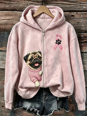 Women's Peeking Pug Dog Pink Ribbon Breast Cancer Awareness Full Zip Hoodie