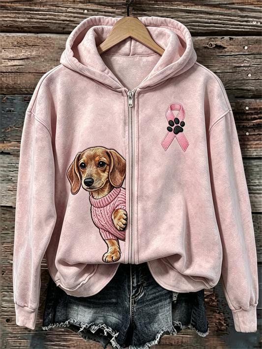 Women's Peeking Dachshund Dog Pink Ribbon Breast Cancer Awareness Full Zip Hoodie
