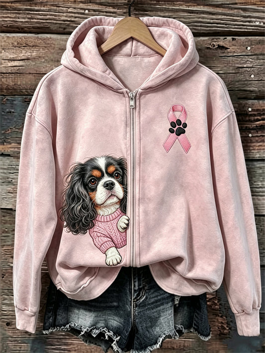 Women's Peeking King Charles Dog Pink Ribbon Breast Cancer Awareness Full Zip Hoodie