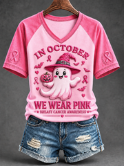 Women's Breast Cancer Prevention and Awareness Pink October V-neck Short Sleeve T-shirt
