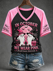 Women's Breast Cancer Prevention Awareness Pink October V-neck Short Sleeve T-shirt