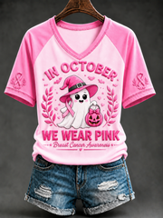 Women's Breast Cancer Prevention and Awareness Pink October V-neck Short Sleeve T-shirt