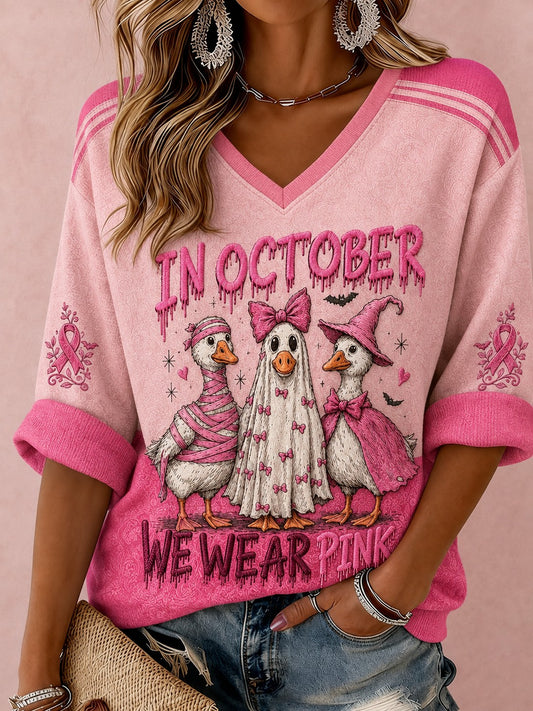 Women's In October We Wear Pink Printed Mid-length Sleeves V-neck T-shirt
