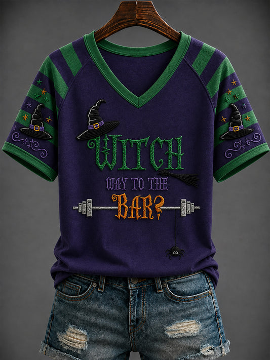 Women's Halloween “WITCH WAY TO THE BAR?” Printed V-neck T-shirt