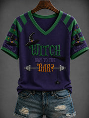 Women's Halloween “WITCH WAY TO THE BAR?” Printed V-neck T-shirt