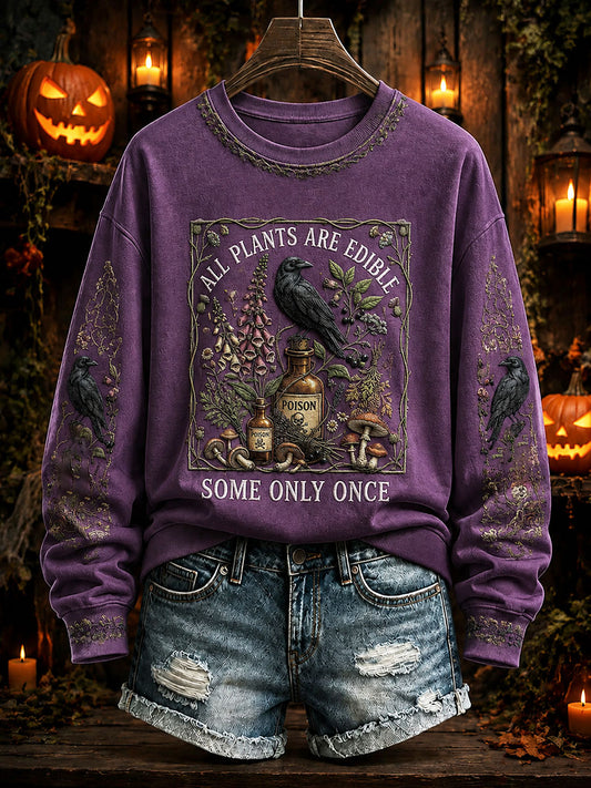 Women's "All Plants Are Edible Some Only Once" Halloween Floral Print Casual Regular Sweatshirt