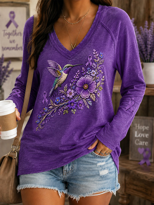 Women's Purple Floral & Hummingbird Print Alzheimer's Awareness Support Long Sleeve T-Shirt