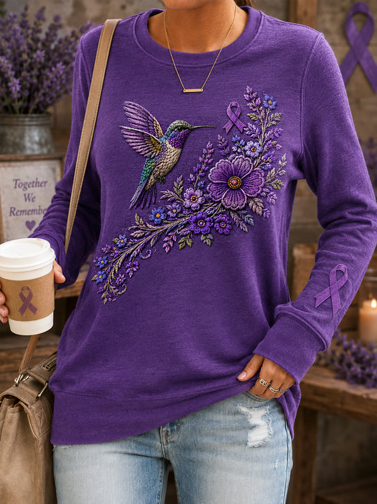 Women's Purple Floral & Hummingbird Print Alzheimer's Awareness Support Sweatshirt