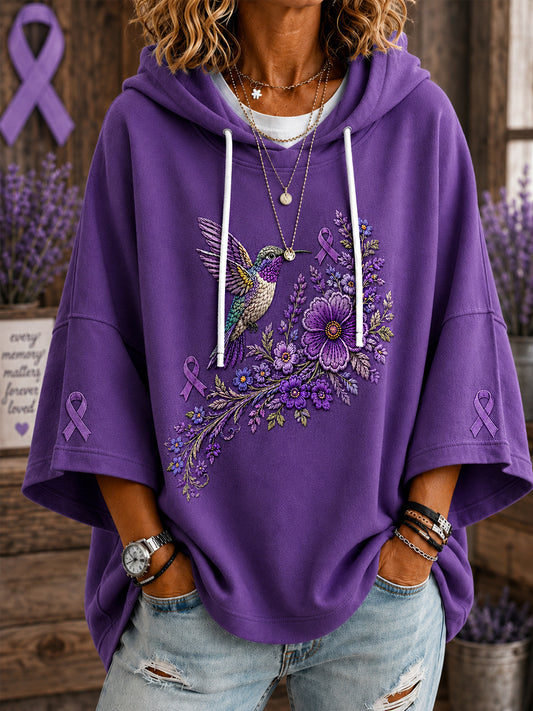 Women's Purple Floral & Hummingbird Print Alzheimer's Awareness Support Short-Sleeve Hoodie