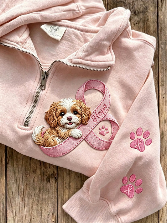 Women's Hope Pink Ribbon Dog & Paw Prints Zip Up Sweatshirt