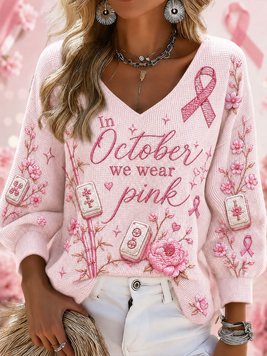 Women's "In October we wear pink" Mahjong Waffle V-neck Tops