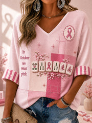 Women's "In October we wear pink" Mahjong Waffle V-neck Tops