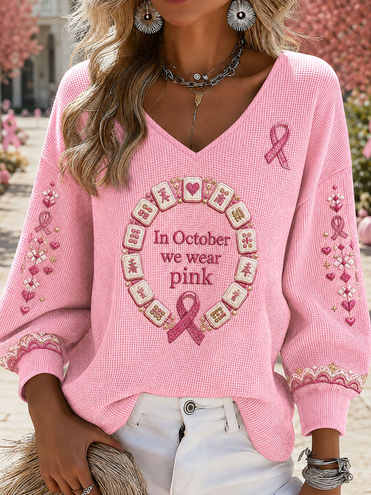 Women's "In October we wear pink" Mahjong Waffle V-neck Tops