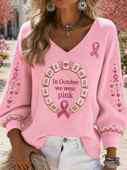 Women's "In October we wear pink" Mahjong Waffle V-neck Tops