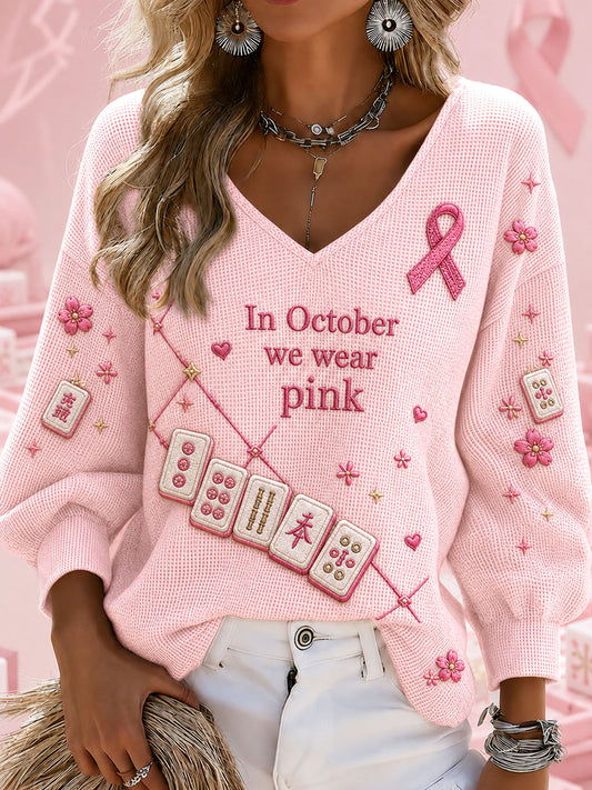 Women's "In October we wear pink" Mahjong Waffle V-neck Tops