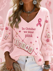 Women's "In October we wear pink" Mahjong Waffle V-neck Tops