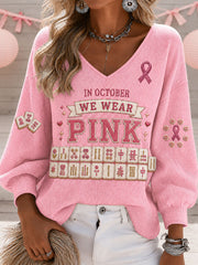 Women's "In October we wear pink" Mahjong Waffle V-neck Tops
