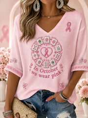 Women's "In October we wear pink" Mahjong Waffle V-neck Tops
