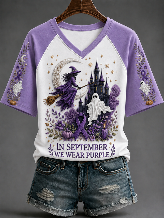 Women's In September We Wear Purple V-neck Off-shoulder Short-sleeved T-shirt