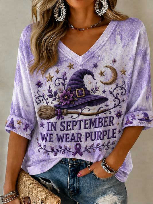 Women's In September We Wear Purple Mid-length Sleeves V-Neck T-Shirt