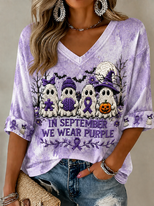Women's In September We Wear Purple Mid-length Sleeves V-Neck T-Shirt