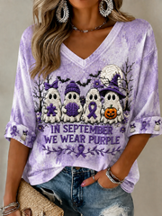 Women's In September We Wear Purple Mid-length Sleeves V-Neck T-Shirt