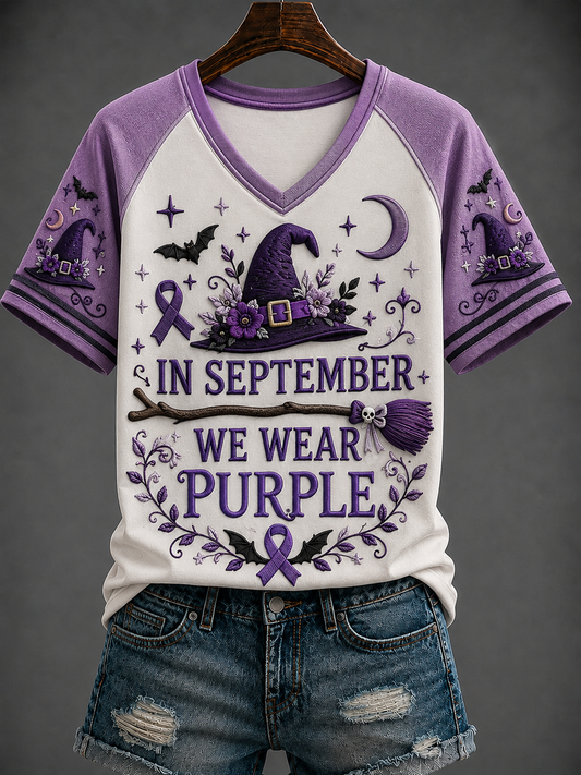Women's In September We Wear Purple V-neck Off-shoulder Short-sleeved T-shirt