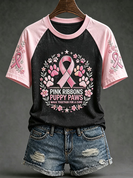 Women's Breast Cancer Theme Cute Dog Paw Pattern Prints Casual Short Sleeve T-Shirt