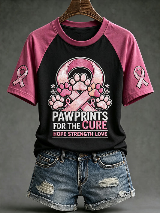 Women's Breast Cancer Theme Cute Dog Paw Pattern Prints Casual Short Sleeve T-Shirt