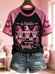 Women's Breast Cancer Theme Halloween Elements Pattern Printed Casual Short Sleeve T-Shirt