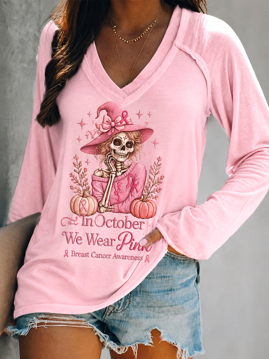 Women's In October We Wear Pink Halloween Pink Skull Witch Print Breast Cancer Awareness Support V-Neck Long Sleeve T-Shirt