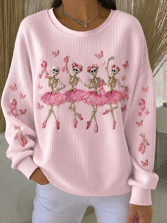 Women's Ballet Skeleton Breast Cancer Awareness Ribbed Round-Neck Sweatshirt