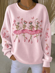 Women's Ballet Skeleton Breast Cancer Awareness Ribbed Round-Neck Sweatshirt