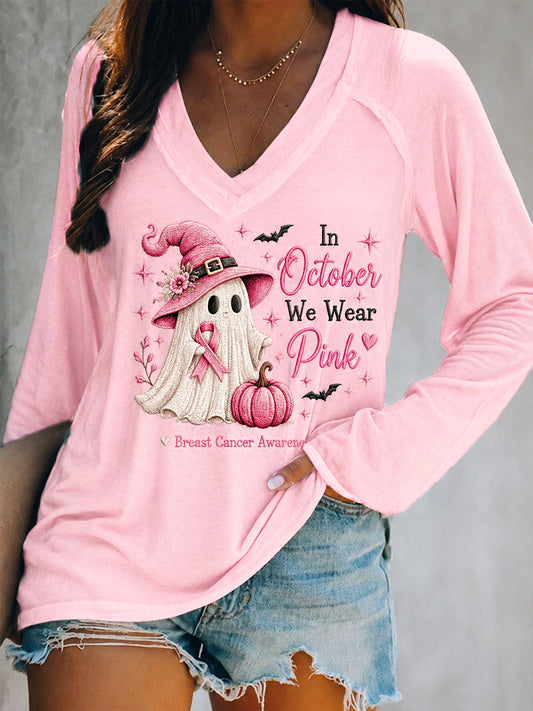 Women's In October We Wear Pink Halloween Pink Ghost Print Breast Cancer Awareness Support V-Neck Long Sleeve T-Shirt