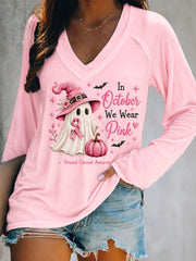 Women's In October We Wear Pink Halloween Pink Ghost Print Breast Cancer Awareness Support V-Neck Long Sleeve T-Shirt