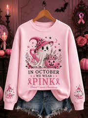 Women's In October We Wear Pink Halloween Pink Ghost Print Breast Cancer Awareness Support Sweatshirt