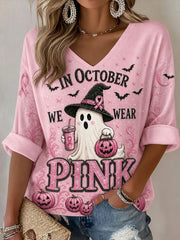 Women's In October We Wear Pink Mid-length Sleeves V-Neck T-Shirt