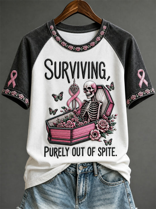 Women's Surviving Purely Out of Spite Breast Cancer Skeleton Print short sleeve T-shirt