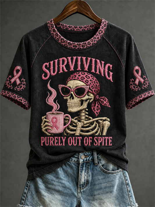 Women's Surviving Purely Out of Spite Breast Cancer Skeleton Print short sleeve T-shirt