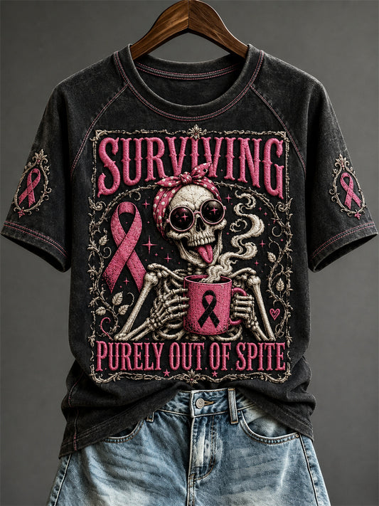 Women's Surviving Purely Out of Spite Breast Cancer Skeleton Print short sleeve T-shirt