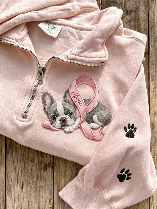 Women's Hope Pink Ribbon French Bulldog & Paw Prints Zip Up Sweatshirt